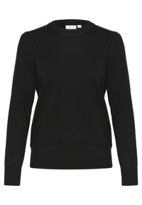 Maglione nero con scollo rotondo, maniche lunghe, polsini e orlo a coste. Presenta un leggero volume sulla spalla per un tocco di dettaglio in più.