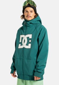 Man in een teal DC-jack, zwarte beanie, groene skibril op zijn voorhoofd en lichtgroene broek, staand tegen een witte achtergrond.