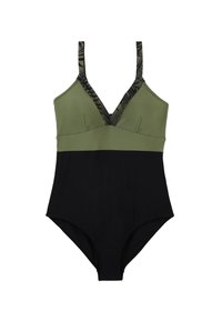 Maillot de bain une pièce avec des sections vert olive et noires. Design en V, bretelles réglables et accents à motifs au niveau du décolleté. Texture lisse.