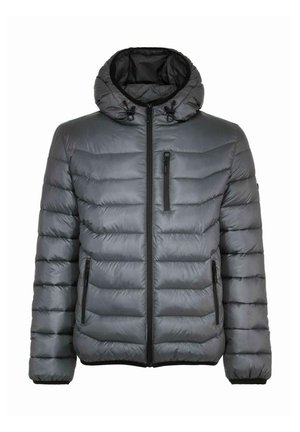 Szara ocieplana kurtka z kapturem, z poziomym pikowaniem, zapinana na zamek błyskawiczny, z kieszeniami, wykonana z gładkiego, lekkiego materiału.