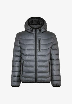 Szara ocieplana kurtka z kapturem, z poziomym pikowaniem, zapinana na zamek błyskawiczny, z kieszeniami, wykonana z gładkiego, lekkiego materiału.