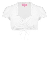 Biała, krótka bluzka z krótkimi, bufiastymi rękawami, falbaniastym dekoltem, marszczeniem z przodu oraz wiązaniem przy dolnym brzegu.