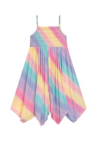 Gestuftes Sommerkleid aus weichem, leichtem Stoff mit diagonalen Regenbogenstreifen in Pastellfarben. Spaghettiträger und ein fließender Saum.