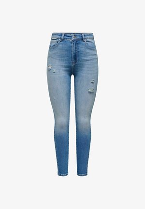 Light blue high-waist skinny jeans with faded wash and small distressed rips on front thighs and knees.