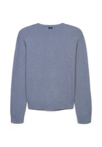 Grauer Pullover aus Strickstoff, mit Rundhalsausschnitt, langen Ärmeln und gerippten Bündchen und Saum. Glatte Textur mit minimalen Details.