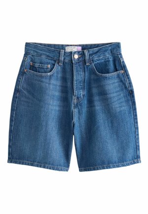 Niebieskie dżinsowe szorty z przodu zapinane na guzik i zamek błyskawiczny, posiadające szlufki na pasek oraz pięciokieszeniowy fason, oznaczone jako "Hourglass".