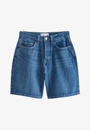 Pantaloni scurți din denim albastru cu nasture frontal, închidere cu fermoar, bucle pentru curea și design cu cinci buzunare, etichetați cu croiala "Hourglass".