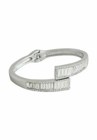 Silberarmband mit geometrischem Design, akzentuiert mit rechteckigen Steinen und kleinen funkelnden Details entlang der Kanten.