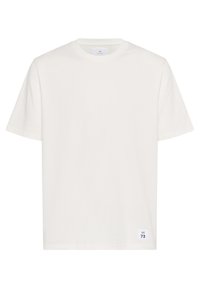 Weißes Baumwoll-T-Shirt mit kurzen Ärmeln, Rundhalsausschnitt, quadratischer Form und einem kleinen Markenetikett in der unteren linken Ecke.