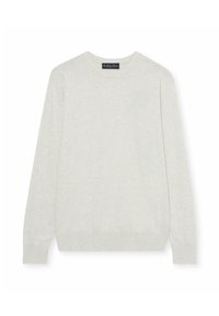 Světle šedý svetr s dlouhým rukávem vyrobený z měkkého materiálu. Kulatý výstřih s žebrovanými manžetami a lemem. Minimalistický design, žádné viditelné vzory nebo akcenty.