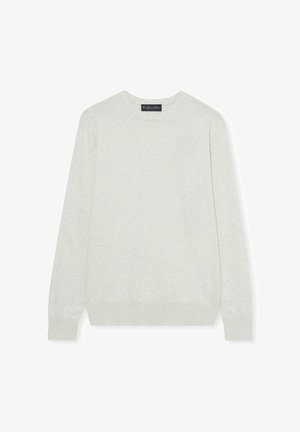 Maglione grigio chiaro a maniche lunghe realizzato in materiale morbido. Collo rotondo con polsini e orlo a coste. Design minimalista, senza motivi o accenti visibili.
