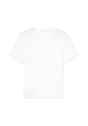 Weißes Baumwoll-T-Shirt mit Rundhalsausschnitt, kurzen Ärmeln und lockerer Passform. Glatte Textur und minimalistisches Design, keine Muster oder Akzente.
