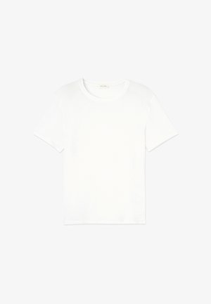 Balta medvilnė marškinėliai su apvalia iškirpte, trumpomis rankovėmis ir laisvu kirpimu. Lygus paviršius ir minimalistinis dizainas, be ornamentų ar akcentų.