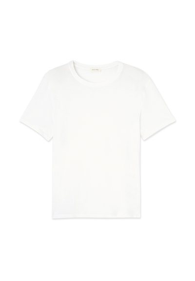 T-shirt en coton blanc avec un col rond, des manches courtes et une coupe décontractée. Texture lisse et design minimaliste, sans motifs ni accents.