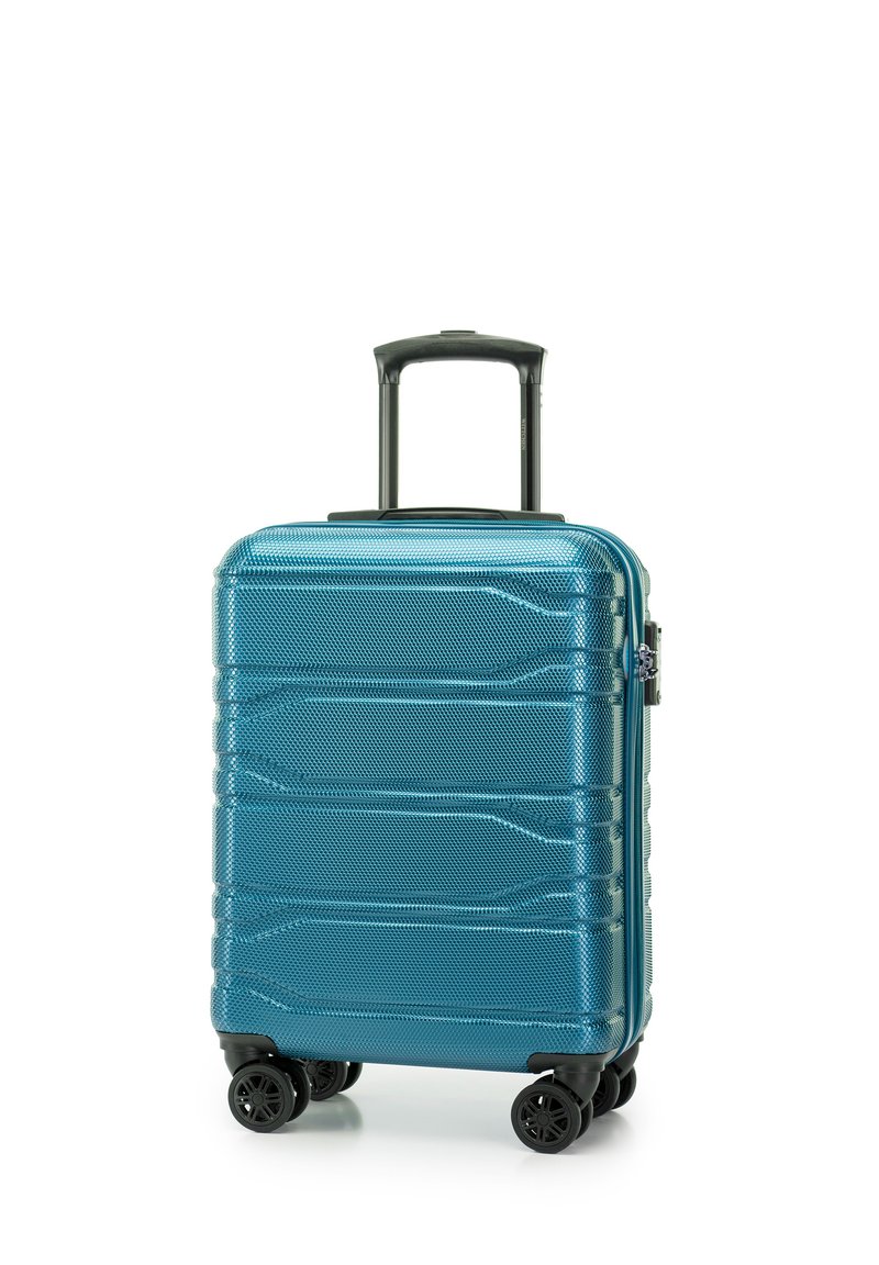 Maleta rígida en tono metálico azul verdoso con una superficie texturizada, que cuenta con un mango retráctil y cuatro ruedas negras para mayor movilidad.