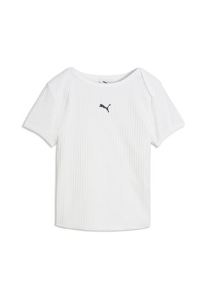 Weißes, geripptes Kurzarmshirt mit rundem Ausschnitt und kleinem schwarzem Puma-Logo in der Mitte der Brust.