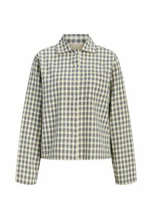 Langermet skjorte med knapper i beige og mørkeblå rutemønster og klassisk krage.