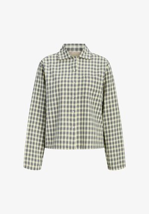 Langermet skjorte med knapper i beige og mørkeblå rutemønster og klassisk krage.
