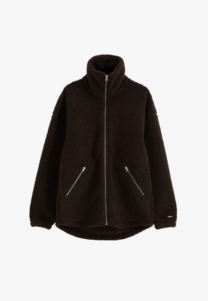 Brown fleece jacket with a high collar, zip front, and two side pockets. Features a soft texture and a relaxed fit.