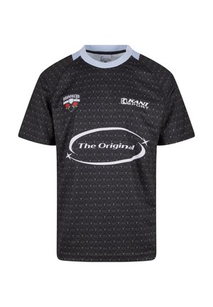 Zwarte sporttrui met een diamanten patroon, lichtblauwe kraag, voorop afgeprint "The Original," en een patch met rozen en het woord "BROOKLYN."