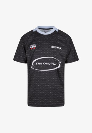 Schwarzes kurzärmeliges Sporttrikot mit einem Diamantmuster, hellblauem Kragen und "The Original" in Weiß mit Logo-Highlights aufgedruckt.
