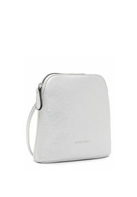 Small silver textured wristlet bag with zipper closure and subtle "EMILY & NOAH" logo embossed on front.
