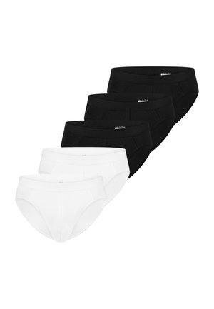 Vijf paar herenslips gerangschikt in een verspringende stapel, drie zwarte paren bovenaan en twee witte paren onderaan.