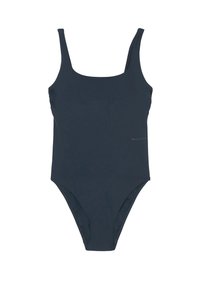 Eénstukswimsuit in donker marineblauw, met dikke bandjes, een ronde halslijn en een hoog uitgesneden beenontwerp, gemaakt van zachte, rekbare stof.