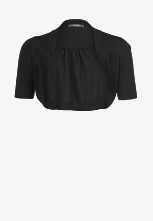 Černý krátký kardigan s kulatým výstřihem, shromážděným detailem na přední straně a cropovaným designem. Vyrobený z hladkého pleteného materiálu.
