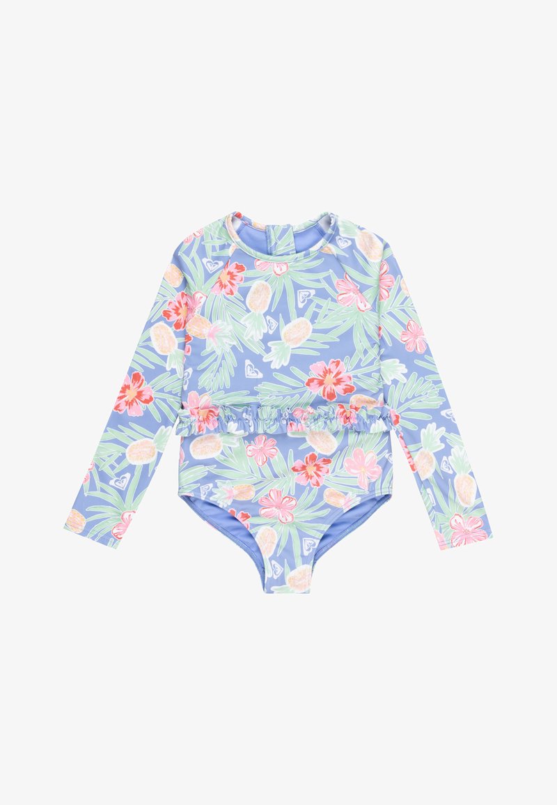 Plavky s dlouhým rukávem na modrém pozadí, s květinovým vzorem růžových květin a žlutých ananasů, s volánovým pasem.