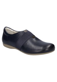 Navy leather shoe with a smooth texture, rounded toe, and elastic strap across the instep. Lightweight sole for comfort and flexibility.