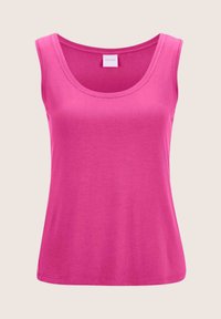 Fuchsia Top aus weichem Stoff mit weitem Rundhals und ärmellosem Design; glatte Textur und lockere Passform.