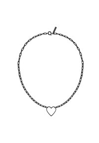 Sort kæd necklace med et forlænget link-design og en central hjerteformet vedhæng. Simpel lås.