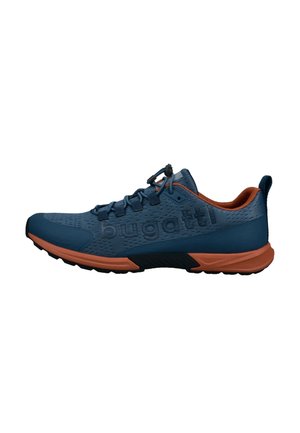 Blaue Sportschuhe mit strukturiertem Mesh-Obermaterial, orangefarbenen Akzenten, schnürlosem Design und schwarzer Außensohle mit robustem Profil.