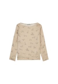 Maglietta a maniche lunghe beige con un motivo di silhouette di cane ripetuto. Realizzata in tessuto morbido e liscio, con scollatura a barca.