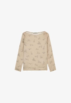 Maglietta a maniche lunghe beige con un motivo di silhouette di cane ripetuto. Realizzata in tessuto morbido e liscio, con scollatura a barca.