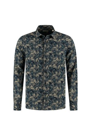 Srajca z dolgimi rokavi in gumbom v temno modri barvi s kremastim cvetličnim vzorcem, s klasičnim ovratnikom in sproščenim fitom. Mehka, teksturirana tkanina.