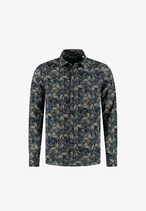 Srajca z dolgimi rokavi in gumbom v temno modri barvi s kremastim cvetličnim vzorcem, s klasičnim ovratnikom in sproščenim fitom. Mehka, teksturirana tkanina.