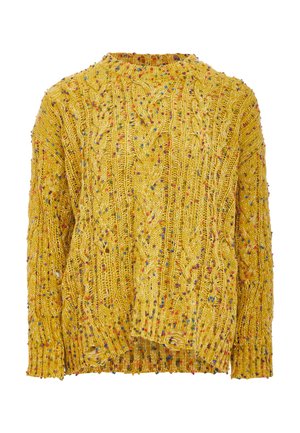Geel gebreid sweater met een kabelontwerp, met kleurrijke spikkels erin. Lange mouwen en een ontspannen pasvorm met een geribde onderrand.