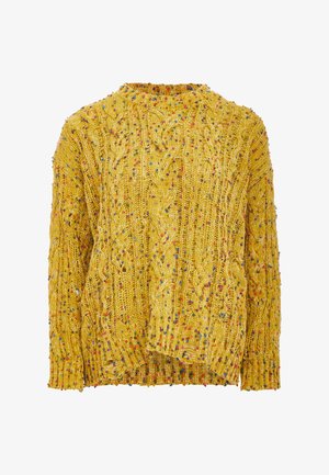 Maglione giallo lavorato a maglia con motivo a treccia, caratterizzato da macchie colorate in tutto il tessuto. Maniche lunghe e vestibilità morbida con orlo a costine.