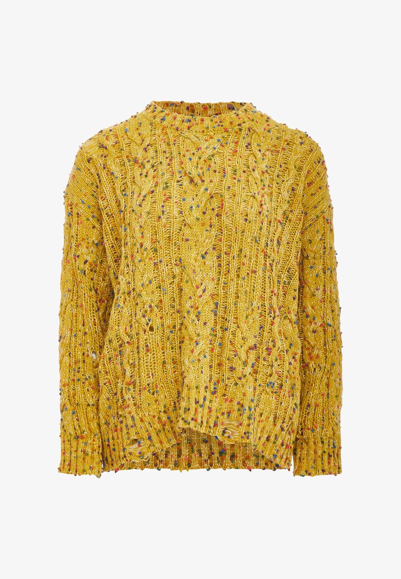 Żółty sweter z dzianiny, z wzorem w warkocze, z kolorowymi akcentami w całej powierzchni. Długie rękawy i luźny krój z prążkowanym wykończeniem.