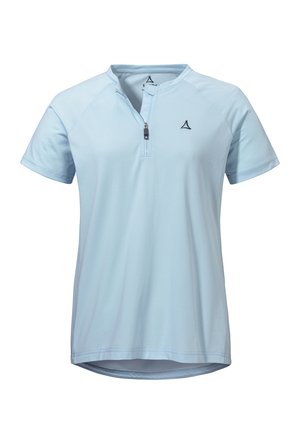 Hellblaues, kurzärmeliges Sportshirt mit halbem Reißverschluss und kleinem schwarzem Logo auf der linken Brust, leicht geschwungenem Saum und Rundhalsausschnitt.