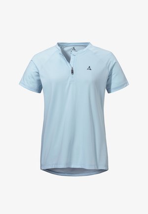 Hellblaues, kurzärmeliges Sportshirt mit halbem Reißverschluss und kleinem schwarzem Logo auf der linken Brust, leicht geschwungenem Saum und Rundhalsausschnitt.