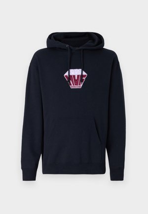 Navy hoodie made of cotton, featuring a front pocket, drawstring hood, and a diamond-shaped embroidered logo in red and white.