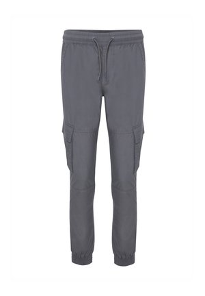 Grijze cargobroek met een elastische tailleband, trekkoordsluiting en ritszakken aan de zijkanten. Tapered fit en opgerolde enkels.