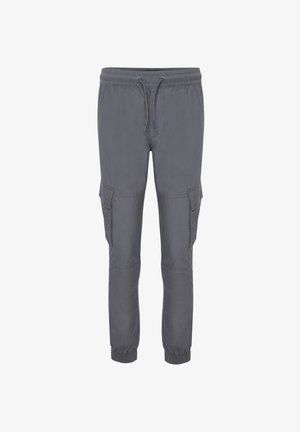 Grijze cargobroek met een elastische tailleband, trekkoordsluiting en ritszakken aan de zijkanten. Tapered fit en opgerolde enkels.