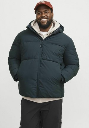 Dunkelgrüne Daunenjacke mit Kapuze, ausgestattet mit einem Frontreißverschluss, elastischen Bündchen und einer glatten, isolierten Textur. Getragen über einem hellen Hoodie.