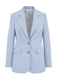 Světle modrý blazer s přiléhavým střihem, jednořadým designem, dvěma předními kapsami a zapínáním na dva knoflíky. Texturovaná látka, hladká podšívka.