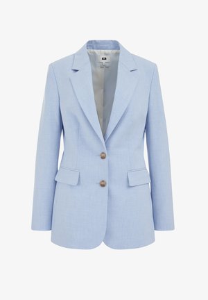 Hellblaues Blazer mit taillierter Passform, einreihigem Design, zwei vorderen Taschen und zwei Knopfverschluss. Strukturierter Stoff, glattes Innenfutter.