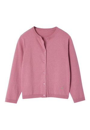 Rosa Strickjacke mit langen Ärmeln, rundem Ausschnitt und Knopfverschlüssen. Hergestellt aus weichem Stoff mit geripptem Saum und Bündchen.